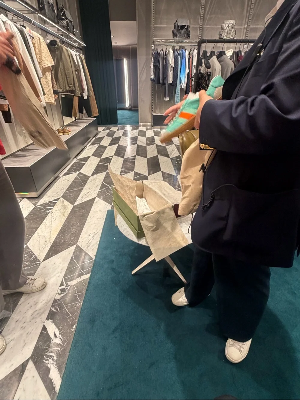 Gucci Teal Leather Low-Top Sneaker with Orange Stripes